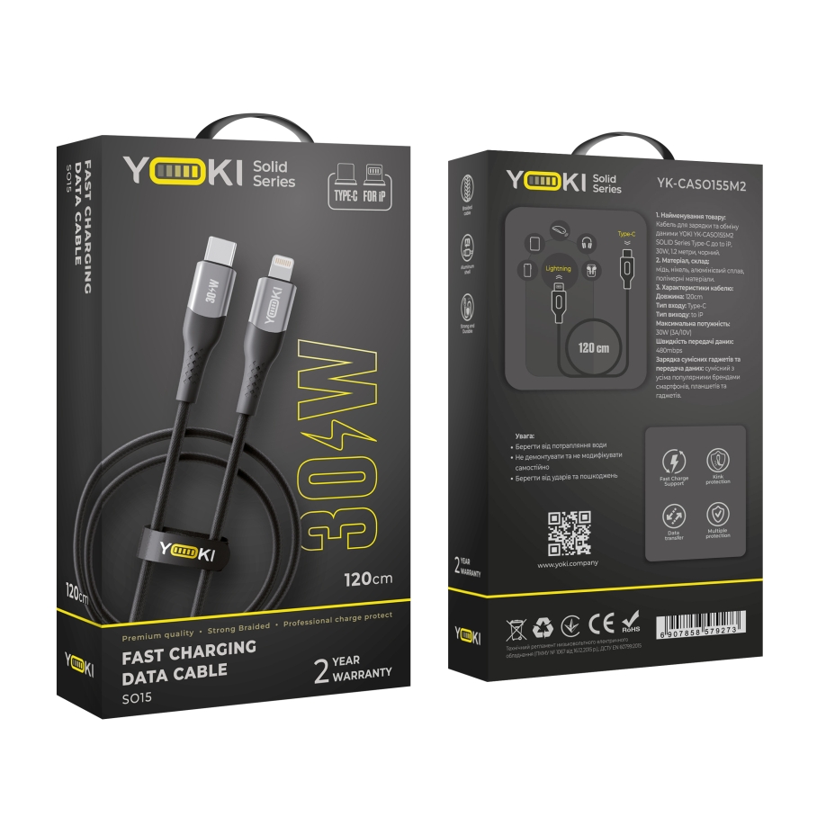 Кабель USB YOKI SOLID YK-SO15 Type-C to Lightning 30W 1.2m Чорний - Зображення 2