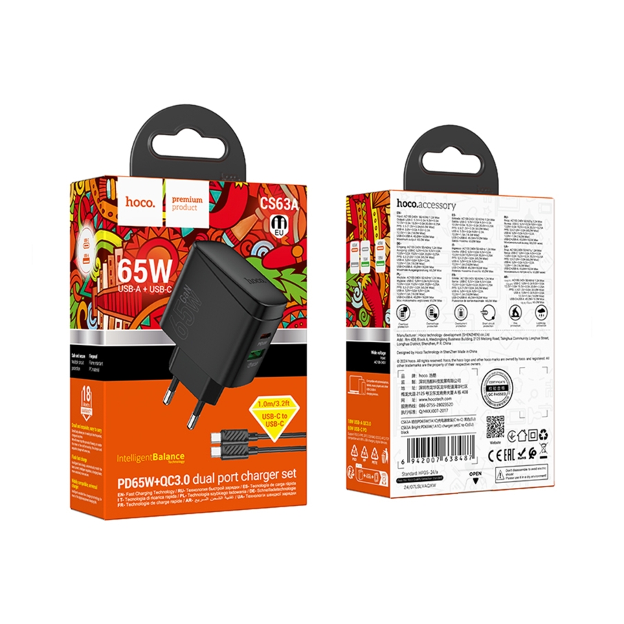 Мережевий Зарядний Пристрій Hoco CS63A 1USB/1USB-C PD65W/QC GAN+Type-C to Type-C Чорний - Зображення 2