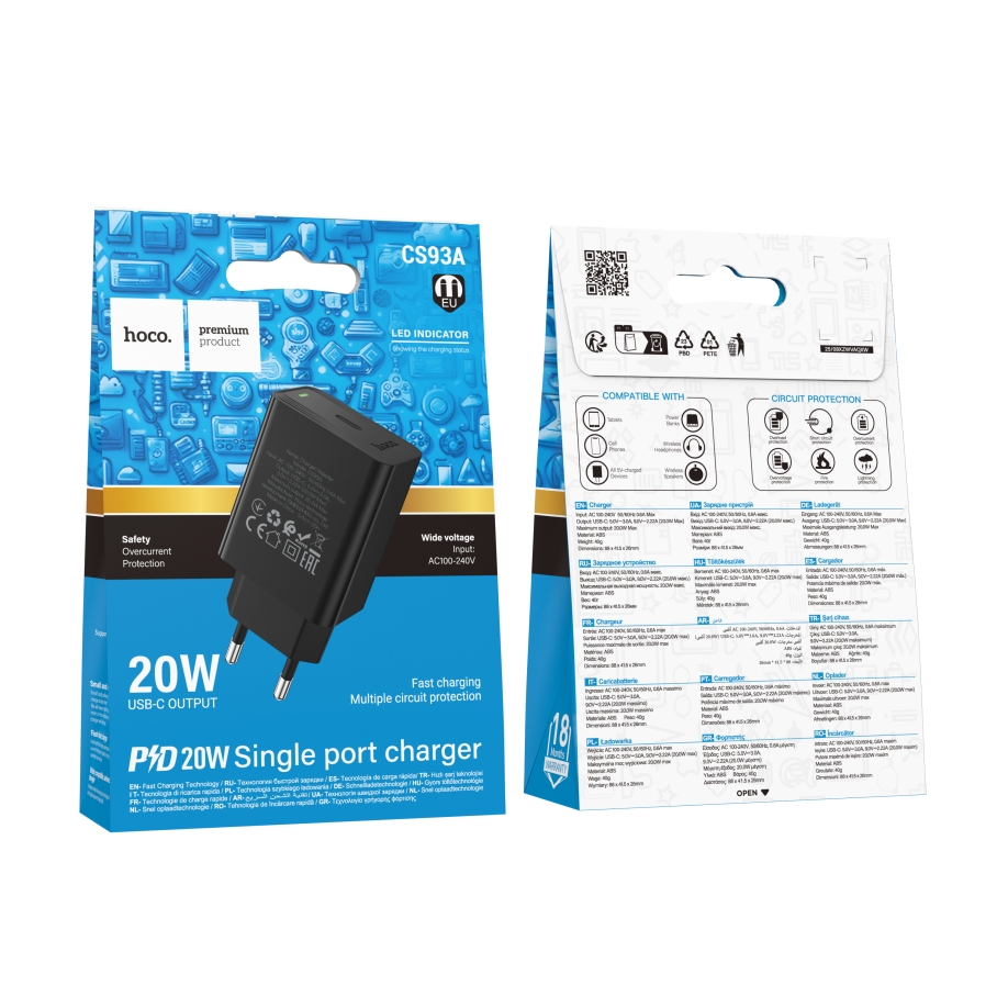 Мережевий Зарядний Пристрій Hoco CS93A 1USB-C PD/QC 20W Чорний - Зображення 2
