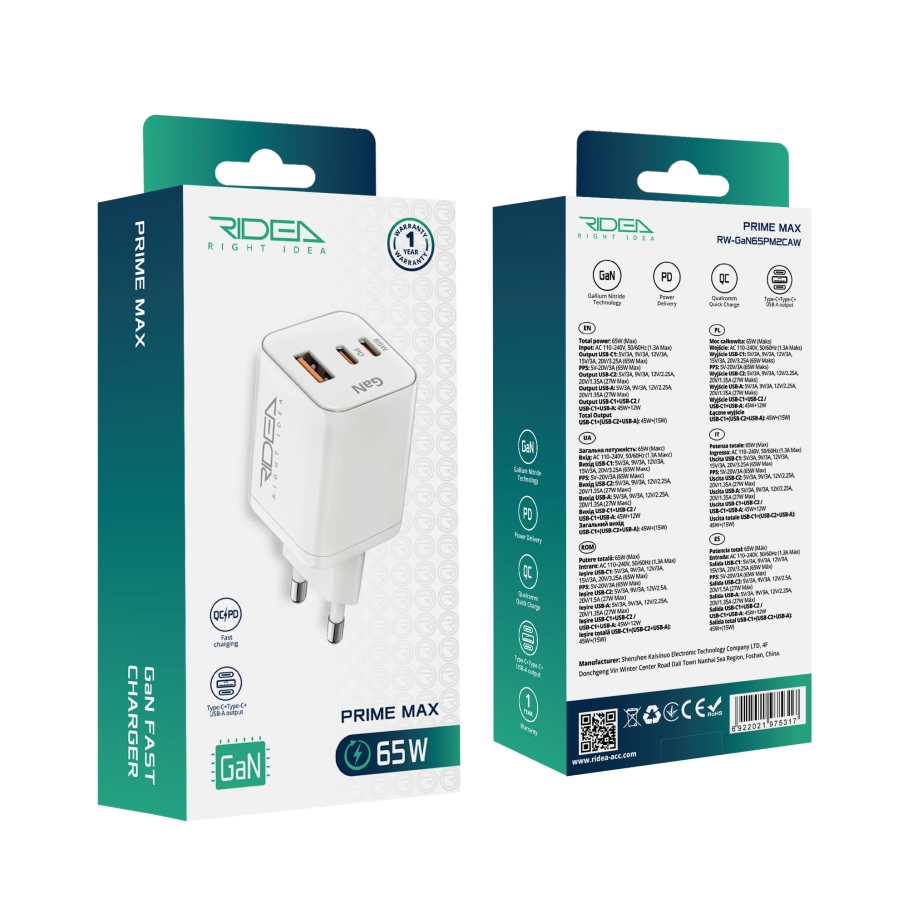 Мережевий Зарядний Пристрій Ridea RW-GaN65PM2CA Prime Max 2Type-C+1USB PD&QC 65W Бiлий - Зображення 2