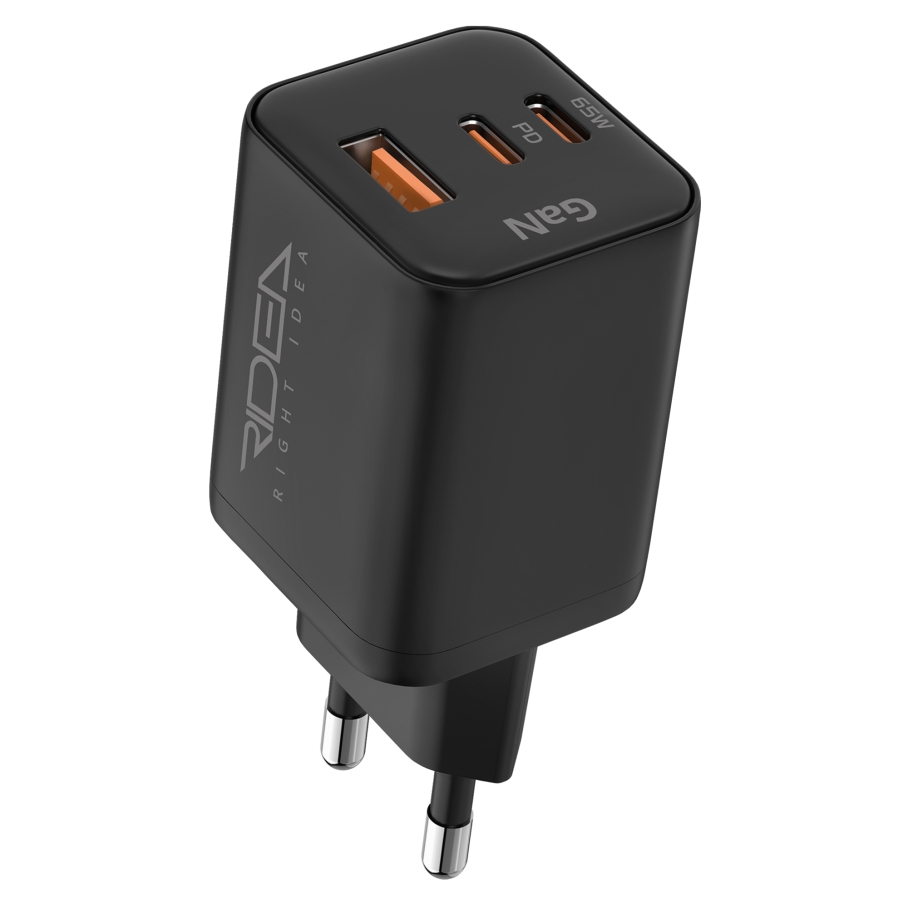 Мережевий Зарядний Пристрій Ridea RW-GaN65PM2CA Prime Max 2Type-C+1USB PD&QC 65W Чорний