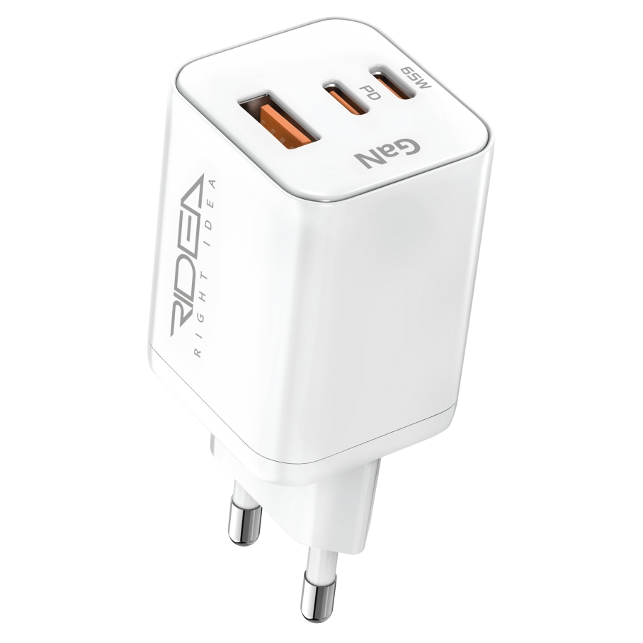 Мережевий Зарядний Пристрій Ridea RW-GaN65PM2CA Prime Max 2Type-C+1USB PD&QC 65W Бiлий