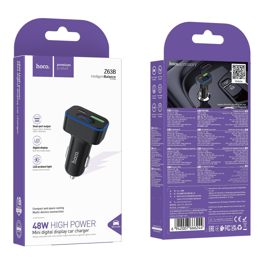 Автомобільний Зарядний Пристрій Hoco Z63B 1USB QC18W/1USB-C PD30W Total 48W Display Чорний - Зображення 2
