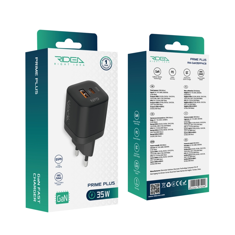 Мережевий Зарядний Пристрій Ridea RW-GaN35PPAC Prime Plus Type-C+1USB PD&QC 35W Чорний - Зображення 2