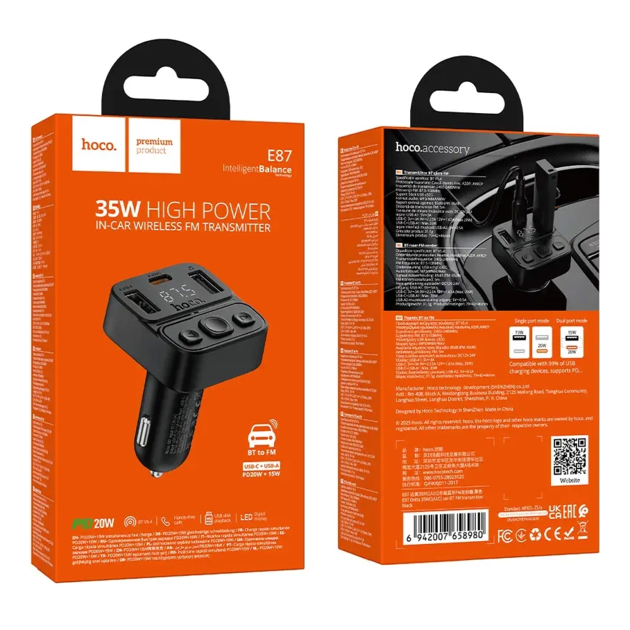 FM-трансмітер Hoco E87 USB-C PD20W+USB 15W/BT5.4 Total 35W Чорний - Зображення 2