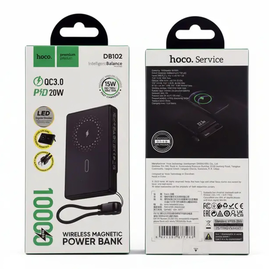 Універсальна Мобільна Батарея Power Bank Hoco DB102 Kuzhou 22.5W magnetic wireless charging with cable 10000mAh Чорний - Зображення 2