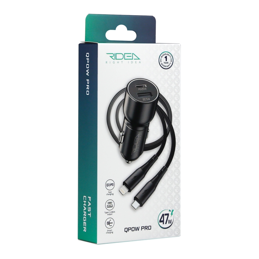 Автомобільний Зарядний Пристрій Ridea RCC-47115 QPow Pro 1USB/1USB-C PD/QC 47.5W+Type-C to Lightning Чорний - Зображення 2