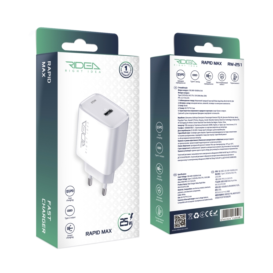 Мережевий Зарядний Пристрій Ridea RW-25120 Rapid Max 1USB-C QC/PD 25W Бiлий - Зображення 2