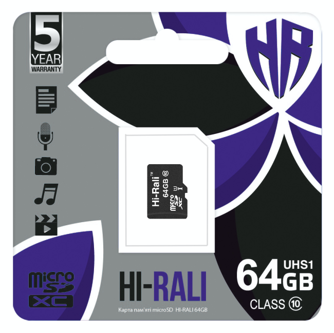 Карта Пам'яті Hi-Rali MicroSDXC 64gb UHS-1 10 Class Чорний - Зображення 2