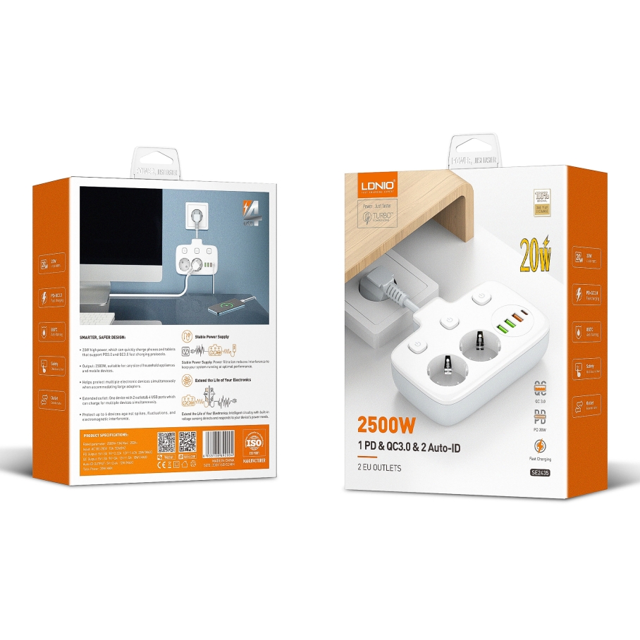 Мережевий Подовжувач LDNIO SE2435 3USB-A / 1USB-C / 2-Sockets QC/PD20W Білий - Зображення 2
