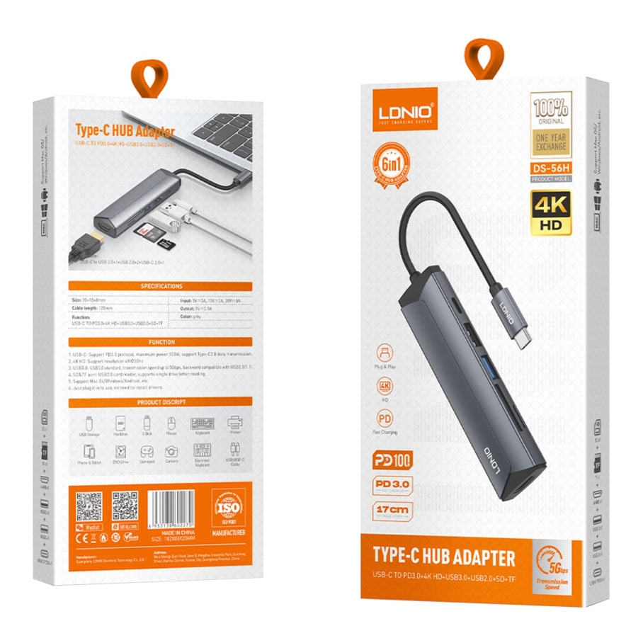 USB Hub LDNIO DS-56H Type-C To PD3.0*1(100W)+HDMI*1(4K@30hz)+USB2.0*1+SD+TF Сiрий - Зображення 2