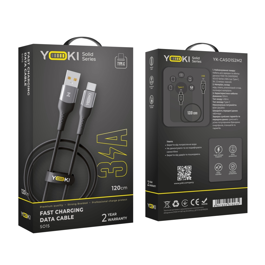 Кабель USB YOKI SOLID YK-SO15 Type-C 3A 1.2m Чорний - Зображення 2