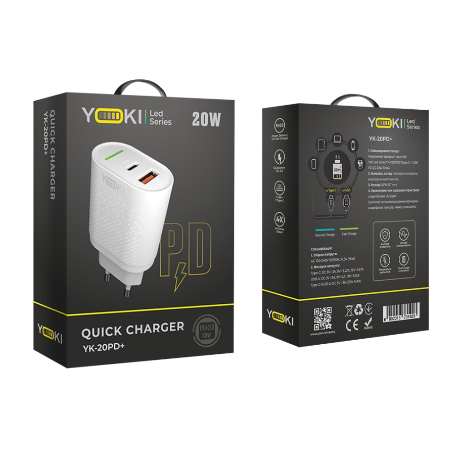 Мережевий зарядний пристрій YOKI Led Series YK-20PD+QC 20W Бiлий - Зображення 6