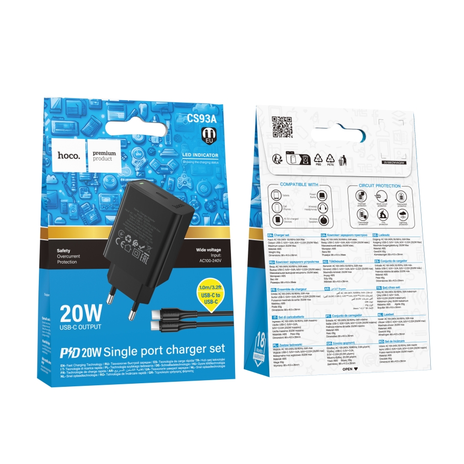 Мережевий Зарядний Пристрій Hoco CS93A 1USB-C PD/QC 20W+Type-C to Type-C Чорний - Зображення 2