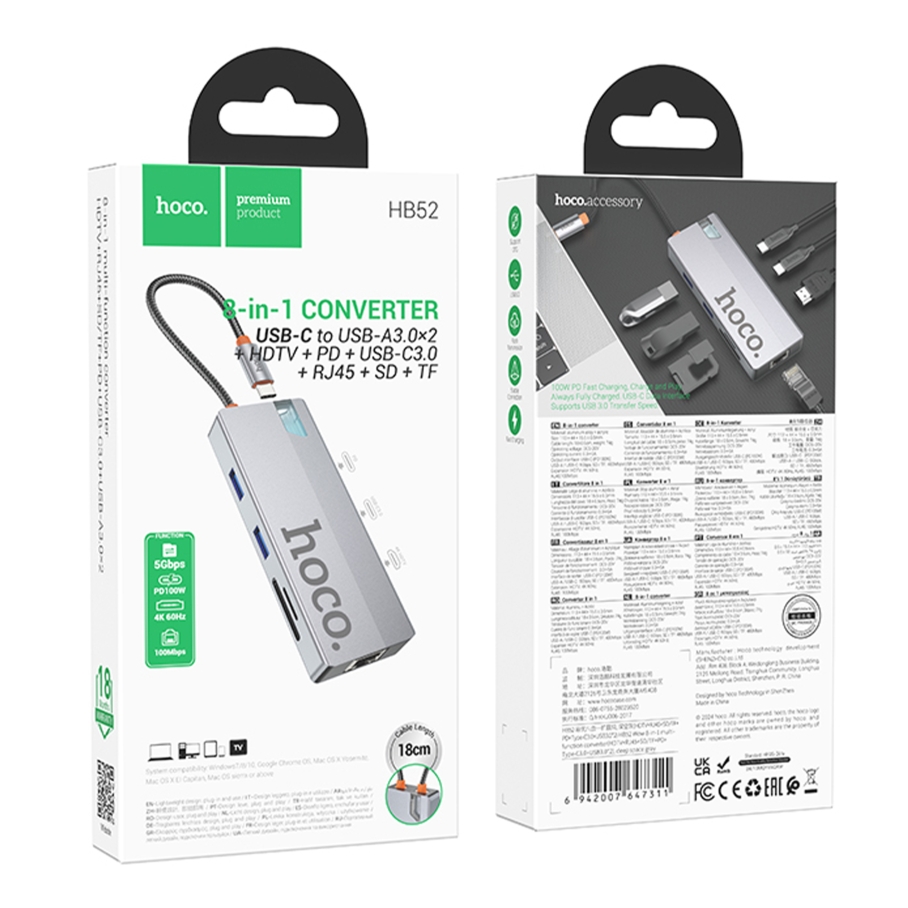 Хаб USB Hoco HB52 Type-C 8-in-1 (HDTV+RJ45-100Mbps+SD/TF+PD+Type-C3.0+USB3.0*2) Сірий - Зображення 2