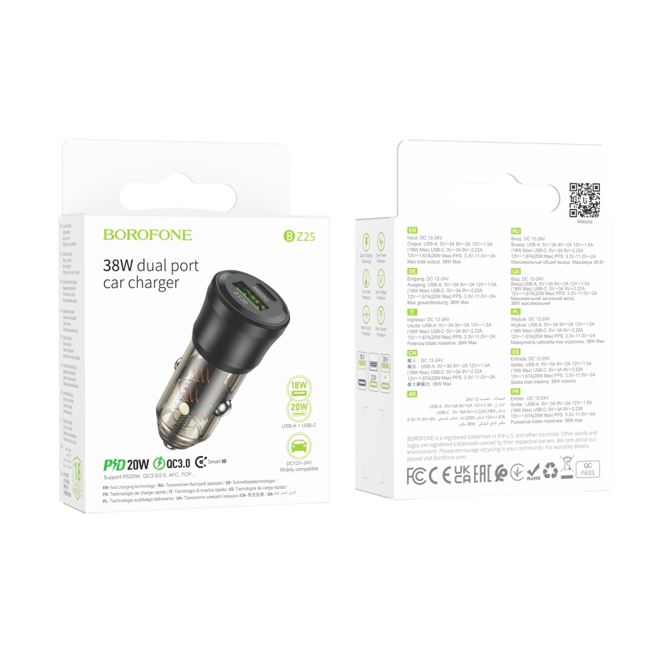 Автомобільний Зарядний Пристрій Borofone BZ25 1USB-A QC18W/1USB-C PD20W Total 38W Прозоро-чорний - Зображення 3