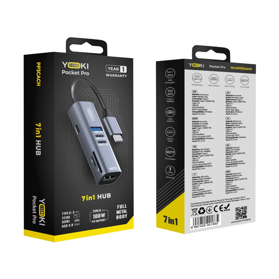 USB Hub YOKI Pocket Pro 7in1 YK-HPP3CACH1 Сірий - Зображення 2