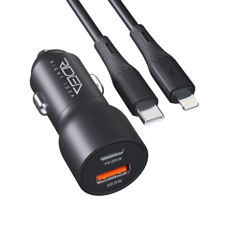 Автомобільний Зарядний Пристрій Ridea RCC-30115 QPow 1USB/1USB-C PD/QC 30W+Type-C to Lightning Чорний