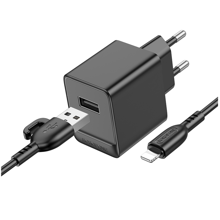 Мережевий Зарядний Пристрій Borofone BAS11A 1USB 2.1A+USB to Lightning Чорний