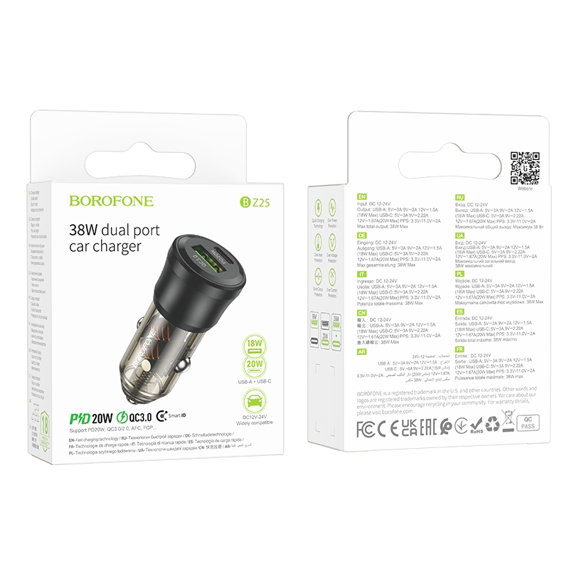 Автомобільний Зарядний Пристрій Borofone BZ25 1USB-A QC18W/1USB-C PD20W Total 38W Прозоро-чорний - Зображення 2