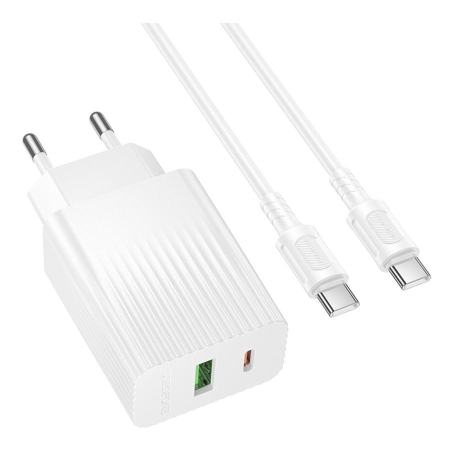 Мережевий Зарядний Пристрій Borofone BAS76A 1USB-C/1USB PD/QC 30W+Type-C to Type-C Бiлий