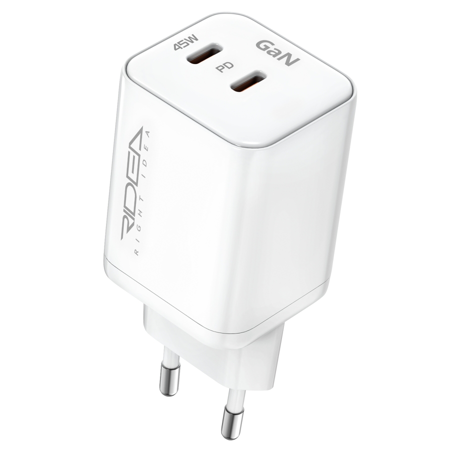 Мережевий Зарядний Пристрій Ridea RW-GaN45PP2C Prime Pro 2Type-C PD&QC 45W Бiлий