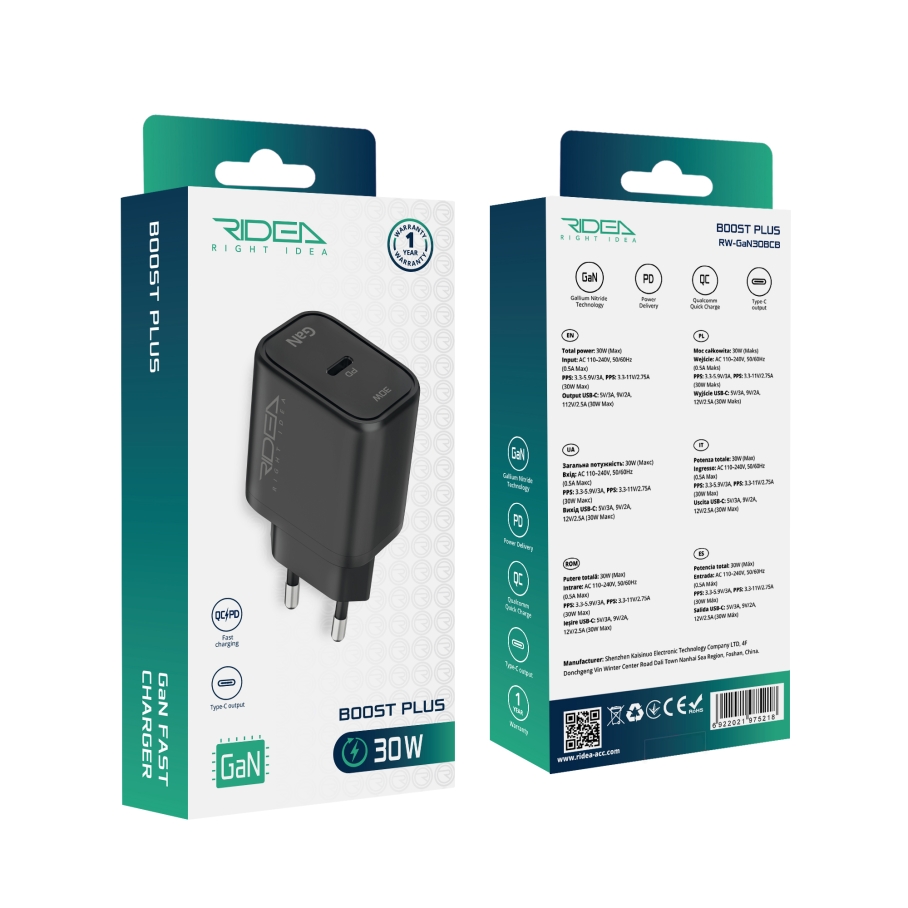 Мережевий Зарядний Пристрій Ridea RW-GaN30BC 30W Boost Plus C PD&QC Чорний - Зображення 2