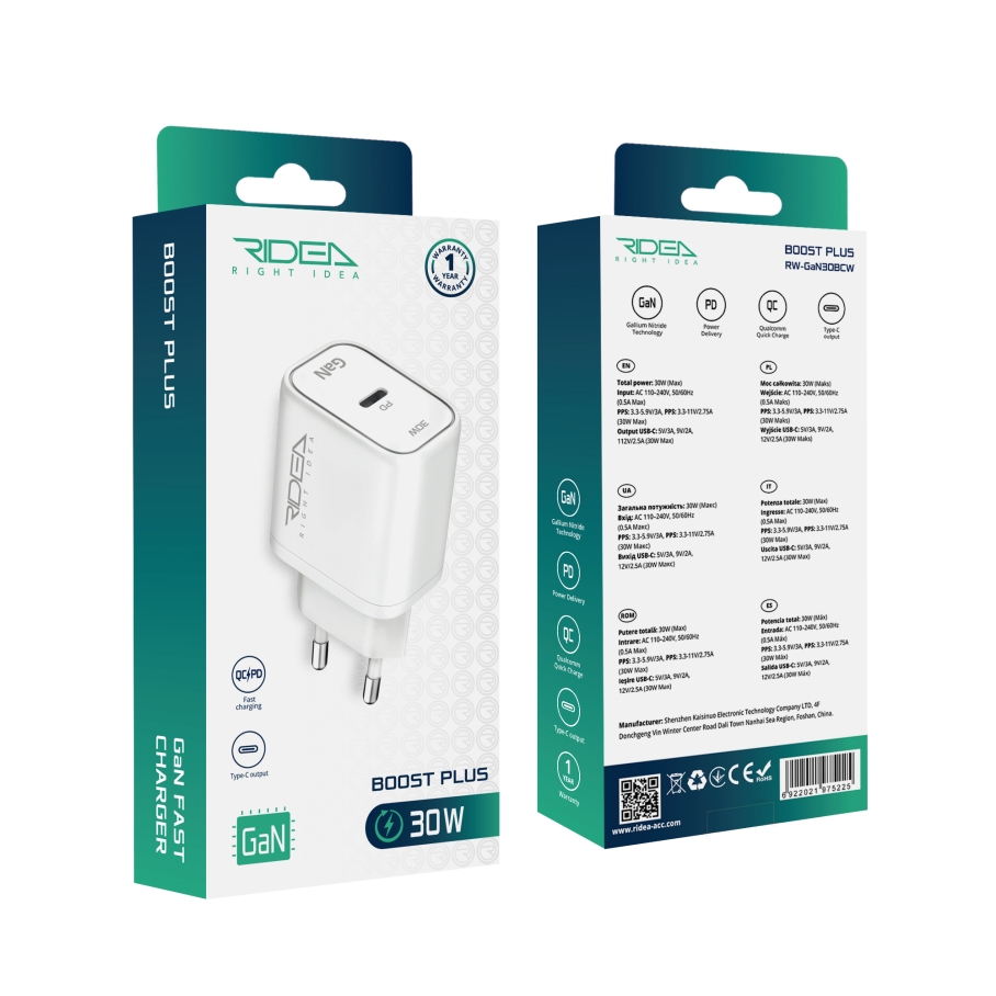 Мережевий Зарядний Пристрій Ridea RW-GaN30BC 30W Boost Plus C PD&QC Бiлий - Зображення 2