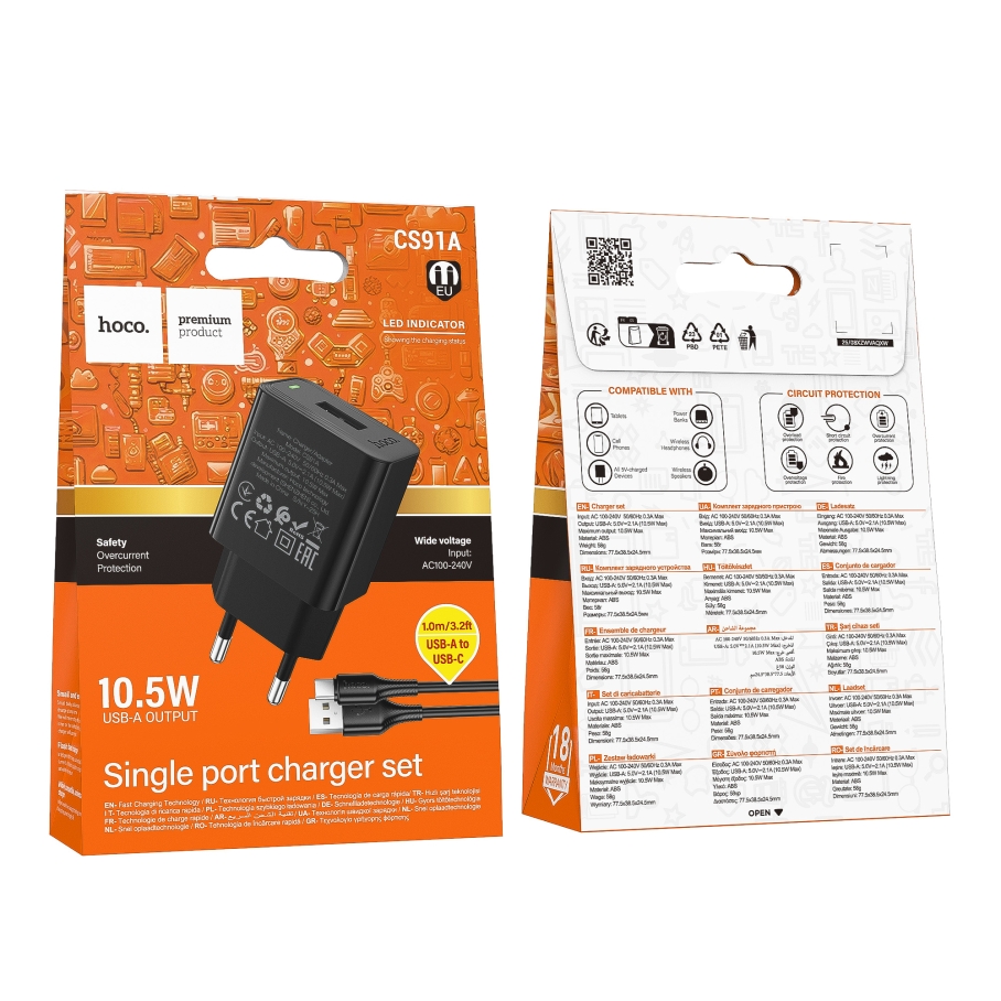 Мережевий Зарядний Пристрій Hoco CS91A 1USB 2.1A+USB to Type-C Чорний - Зображення 2