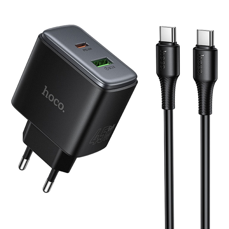 Мережевий Зарядний Пристрій Hoco C158A 1USB-C/1USB QC/PD45W GAN+Type-C to Type-C Чорний