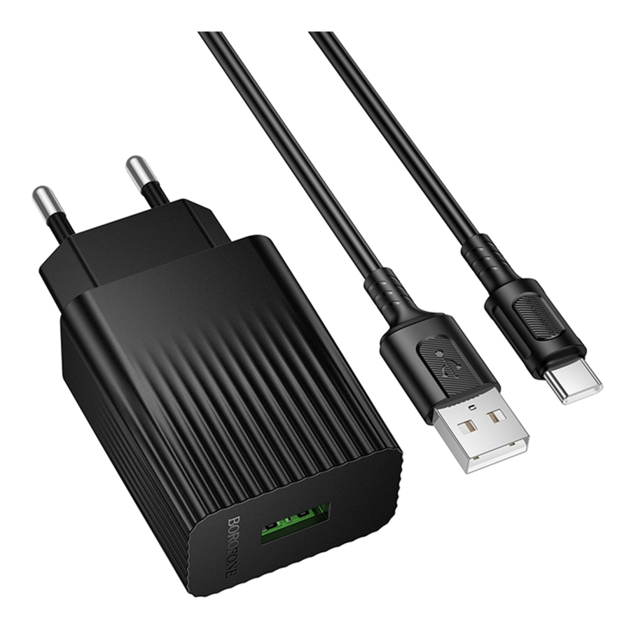 Мережевий Зарядний Пристрій Borofone BAS72A 1USB QC 18W+USB to Type-C Чорний