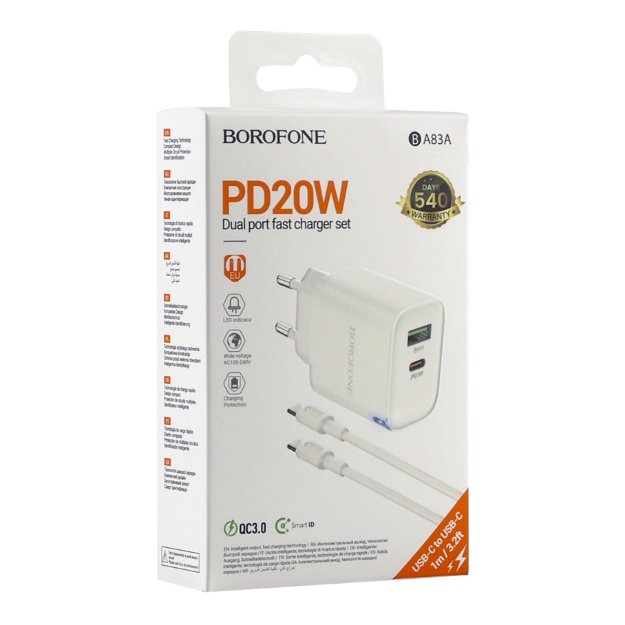 Мережевий Зарядний Пристрій Borofone BA83A 1USB-C/1USB PD/QC 20W+Type-C to Type-C Бiлий - Зображення 2