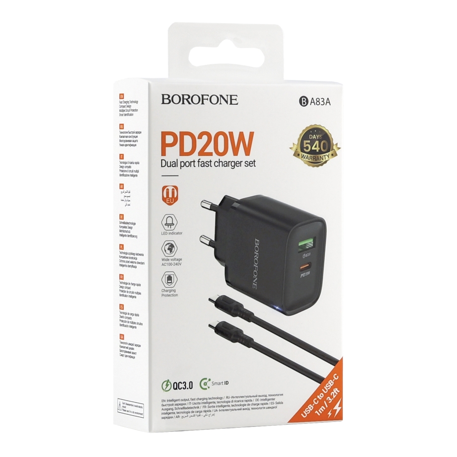 Мережевий Зарядний Пристрій Borofone BA83A 1USB-C/1USB PD/QC 20W+Type-C to Type-C Чорний - Зображення 2