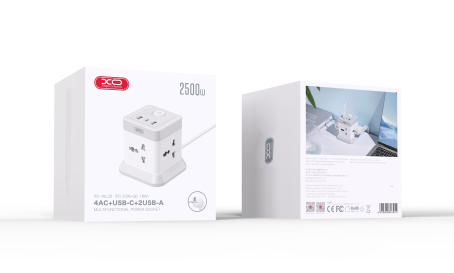 Мережевий Подовжувач XO WL20 Square 2USB-A / 1USB-C / 4-Sockets QC/PD20W 2m М'ят.упак. Бiлий - Зображення 2