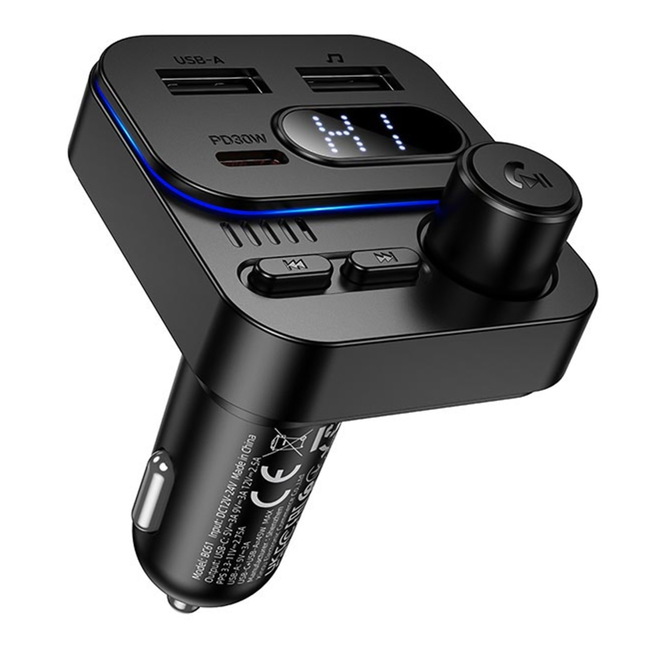 FM-трансмітер BC61 USB-C PD30W+USB-A 15W/BT5.4 Total 45W Чорний