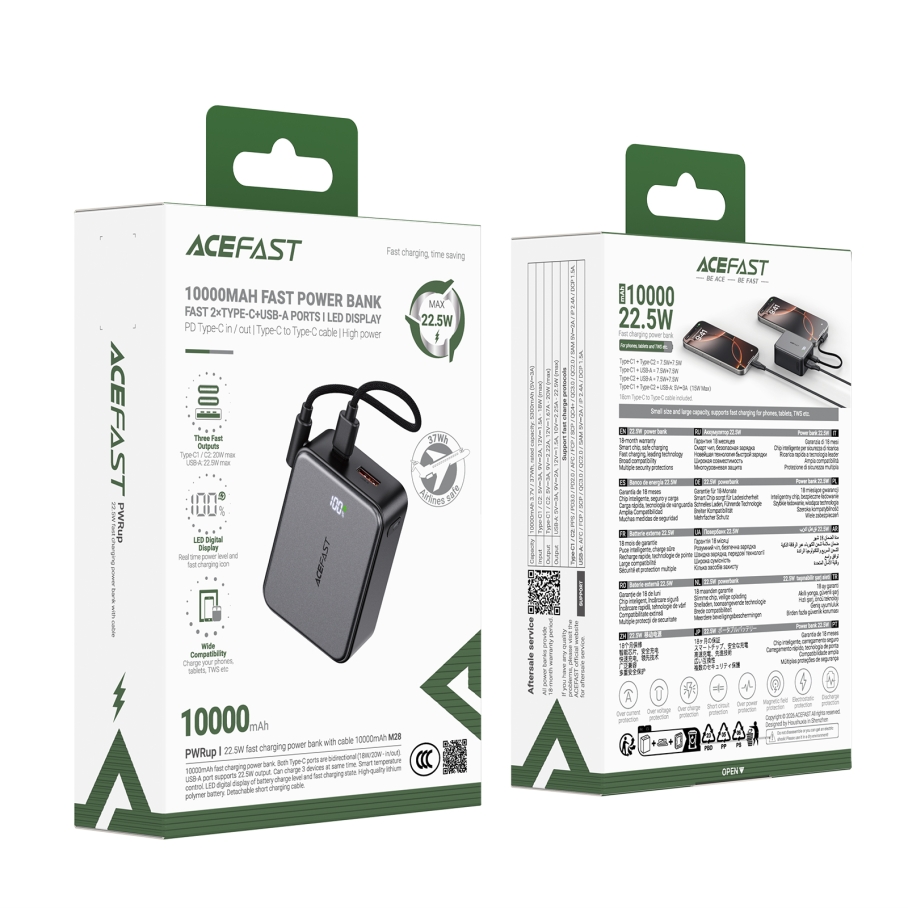 Універсальна Мобільна Батарея Power Bank AceFast M28 PD22.5W with cable Type-C to Type-C, 10000mAh Чорний - Зображення 2