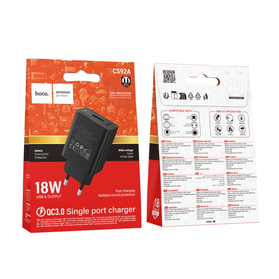 Мережевий Зарядний Пристрій Hoco CS92A 1USB QC 18W Чорний - Зображення 2