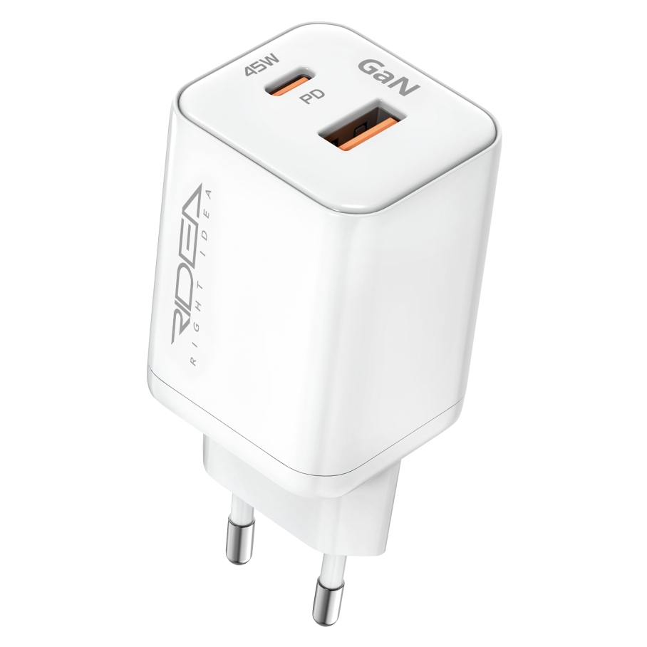 Мережевий Зарядний Пристрій Ridea RW-GaN45PPAC Prime Plus Type-C+1USB PD&QC 45W Бiлий