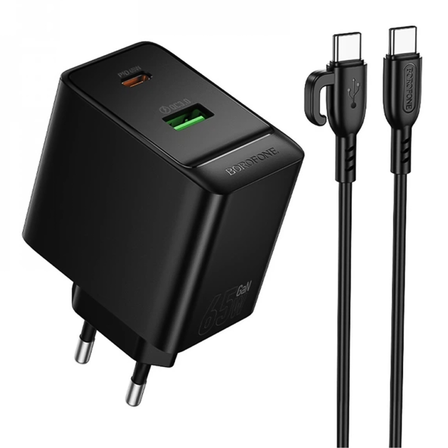 Мережевий Зарядний Пристрій Borofone BAS17A 1USB-C/1USB PD/QC 65W GAN+Type-C to Type-C Чорний