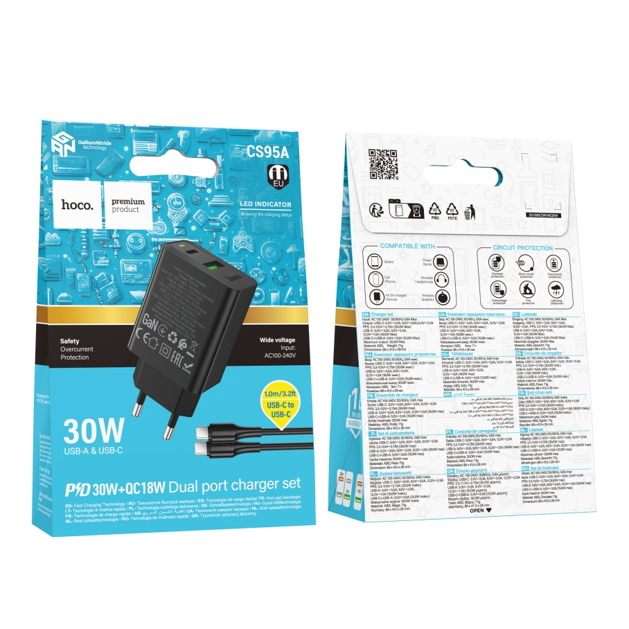 Сетевое Зарядное Устройство Hoco CS95A 1USB/1USB-C QC/PD 30W+Type-C to Type-C Чорний - Зображення 2