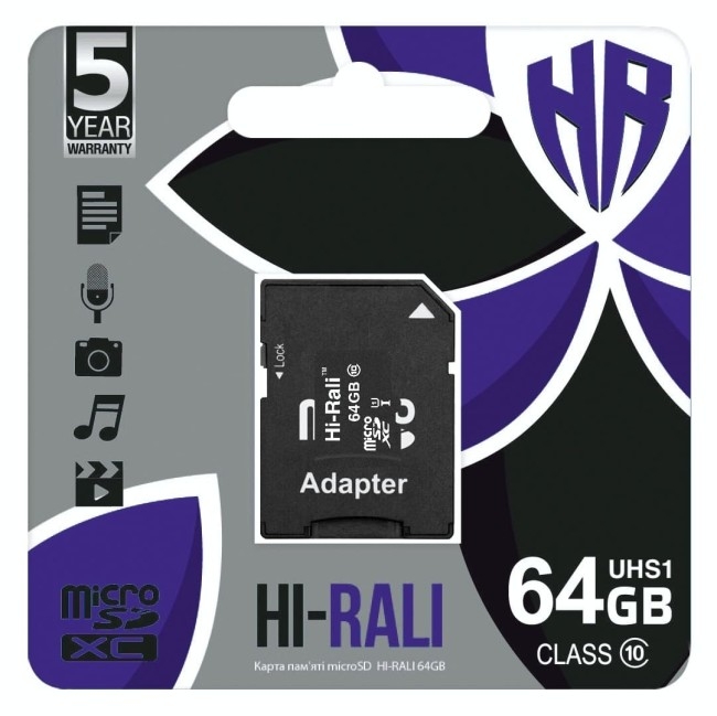 Карта Пам'яті Hi-Rali MicroSDXC 64gb UHS-1 10 Class & Adapter Чорний - Зображення 2