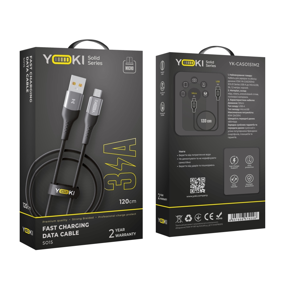 Кабель USB YOKI SOLID YK-SO15 Micro 3A 1.2m Чорний - Зображення 2