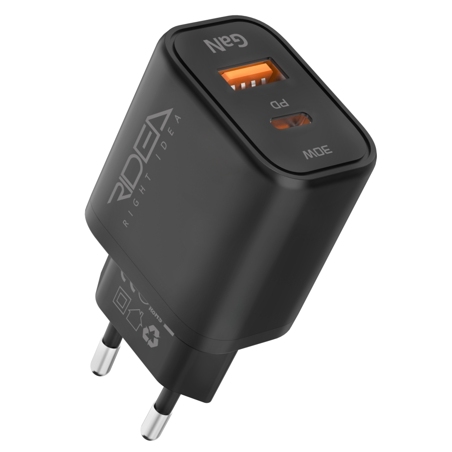 Мережевий Зарядний Пристрій Ridea RW-GaN30BPAC 30W Boost Pro AC PD&QC Чорний