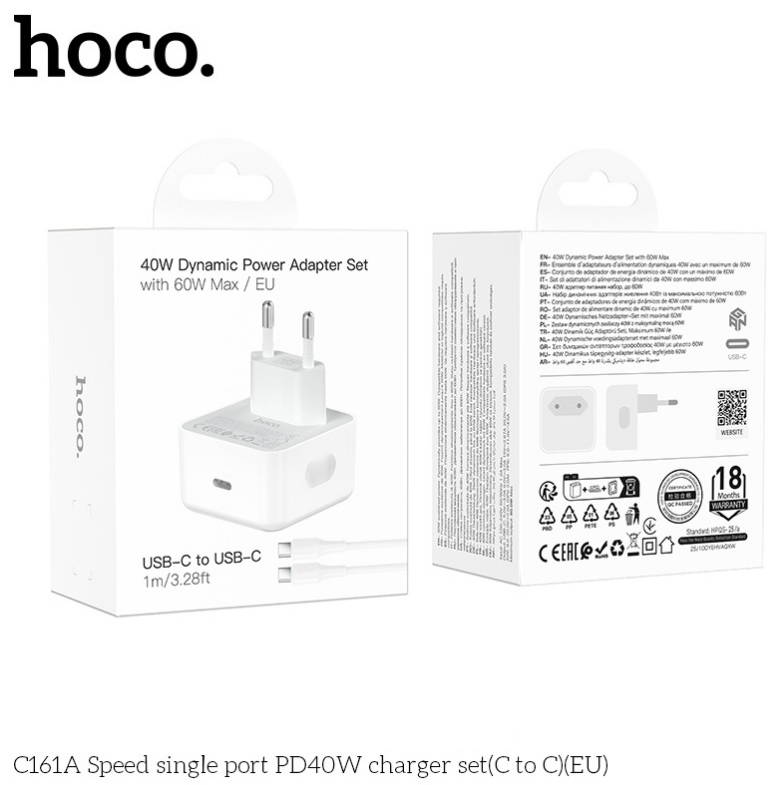 Мережевий Зарядний Пристрій Hoco C161A 1USB-C PD3.2 40W/60W+Type-C to Type-C Бiлий - Зображення 2