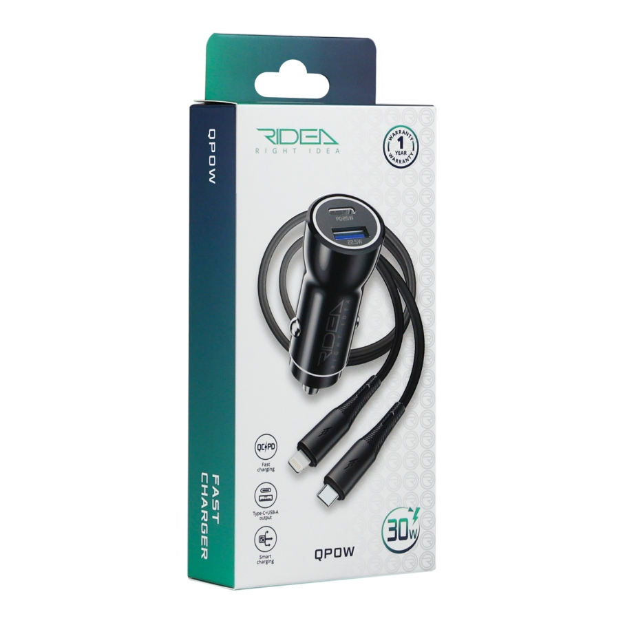 Автомобільний Зарядний Пристрій Ridea RCC-30115 QPow 1USB/1USB-C PD/QC 30W+Type-C to Lightning Чорний - Зображення 2