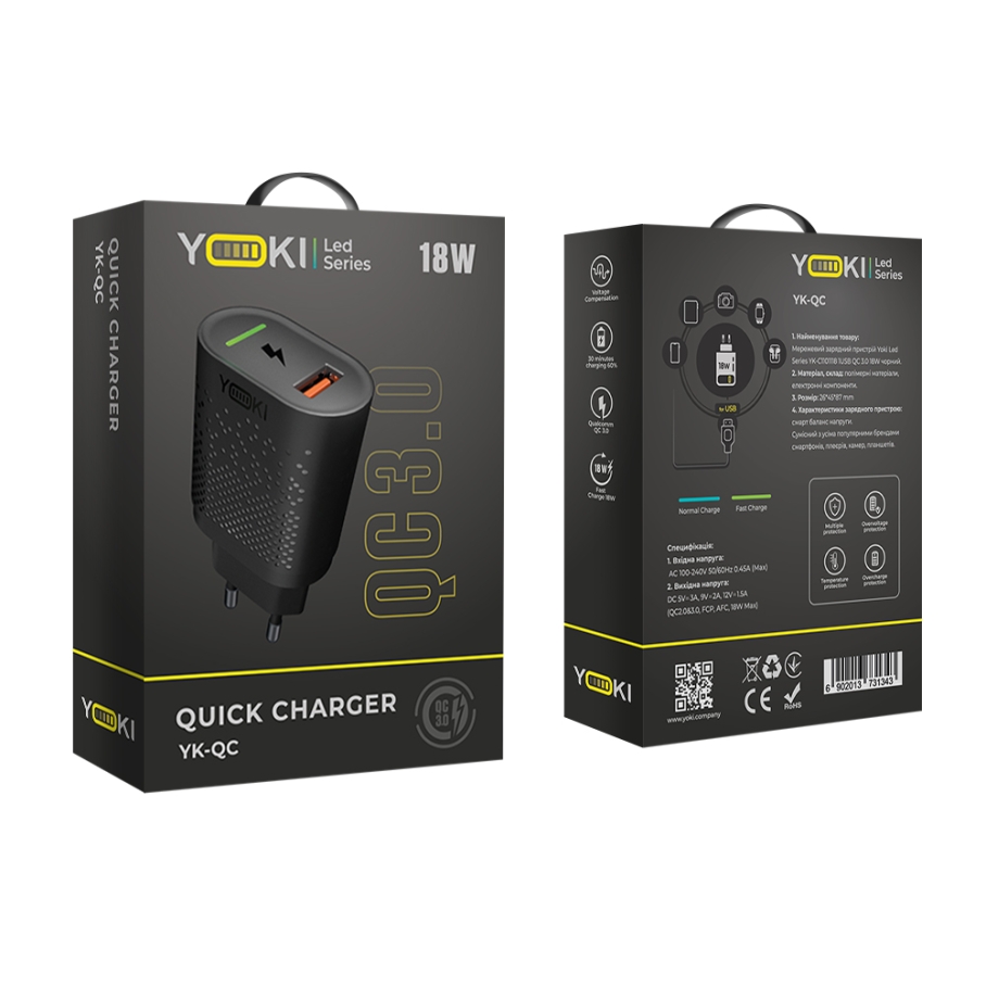 Мережевий Зарядний Пристрій YOKI Led Series YK-QC 3.0 18W Чорний - Зображення 3