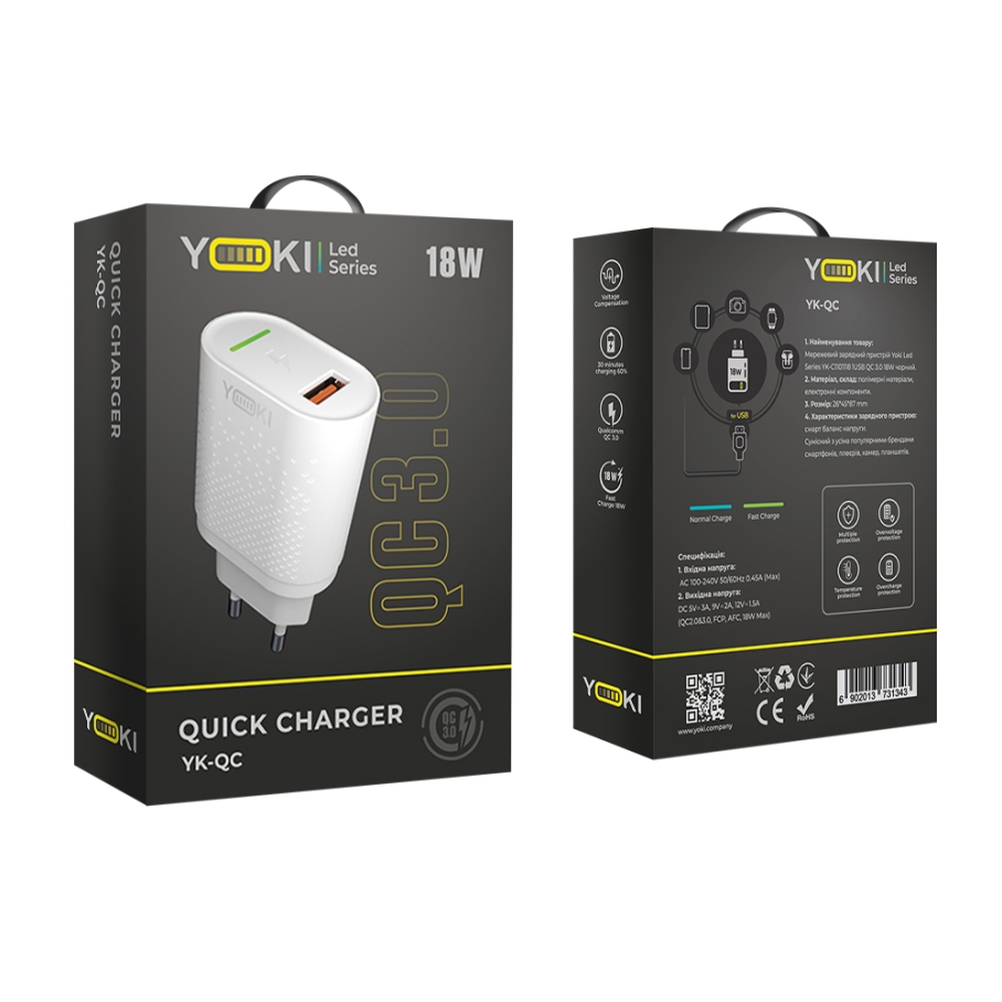 Мережевий Зарядний Пристрій YOKI Led Series YK-QC 3.0 18W Бiлий - Зображення 3