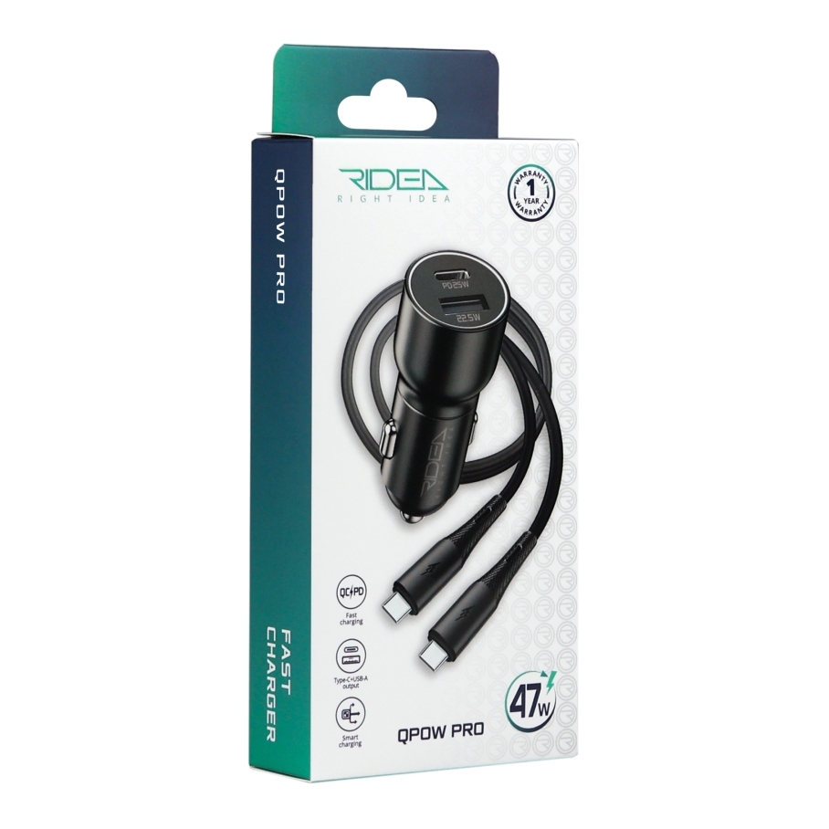 Автомобільний Зарядний Пристрій Ridea RCC-47114 QPow Pro 1USB/1USB-C PD/QC 47.5W+Type-C to Type-C Чорний