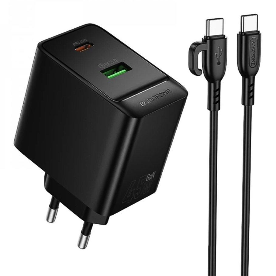 Мережевий Зарядний Пристрій Borofone BAS16A 1USB-C/1USB QC/PD 45W GAN+Type-C to Type-C Чорний
