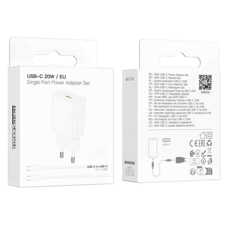 Мережевий Зарядний Пристрій Borofone BA112A 1USB-C PD20W+Type-C to Type-C Бiлий - Зображення 2
